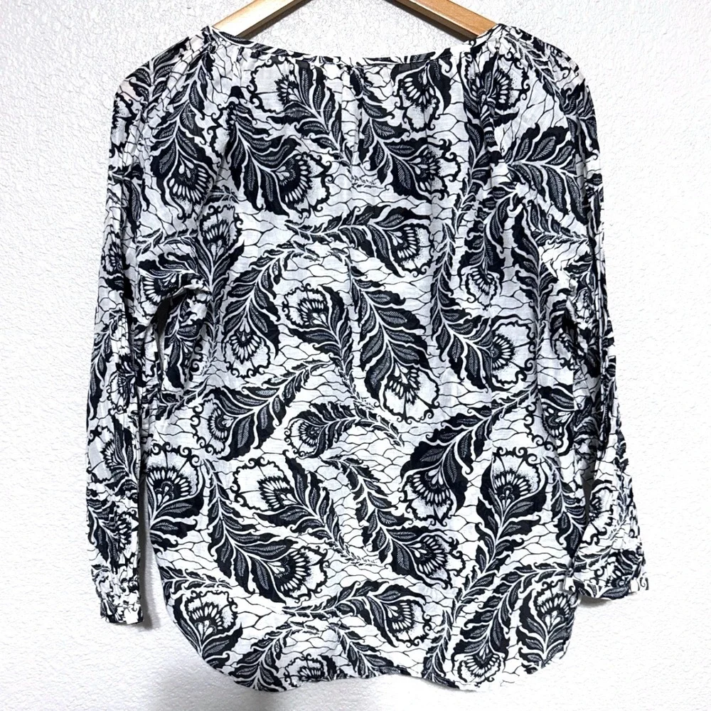 LOFT Womens Navy Blue White Paisley Feather Silk Blend Tie Blouse Peasant‎ Sz M